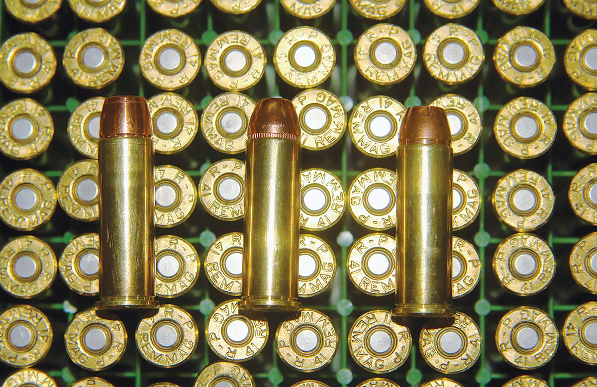 Loaded and ready for testing: (1) Hammer Bullets’ 200-grain Jack Hammer, (2) Hornady 210-grain XTP and (3) Swift Bullets’ 210-grain Heavy Revolver A-Frame.